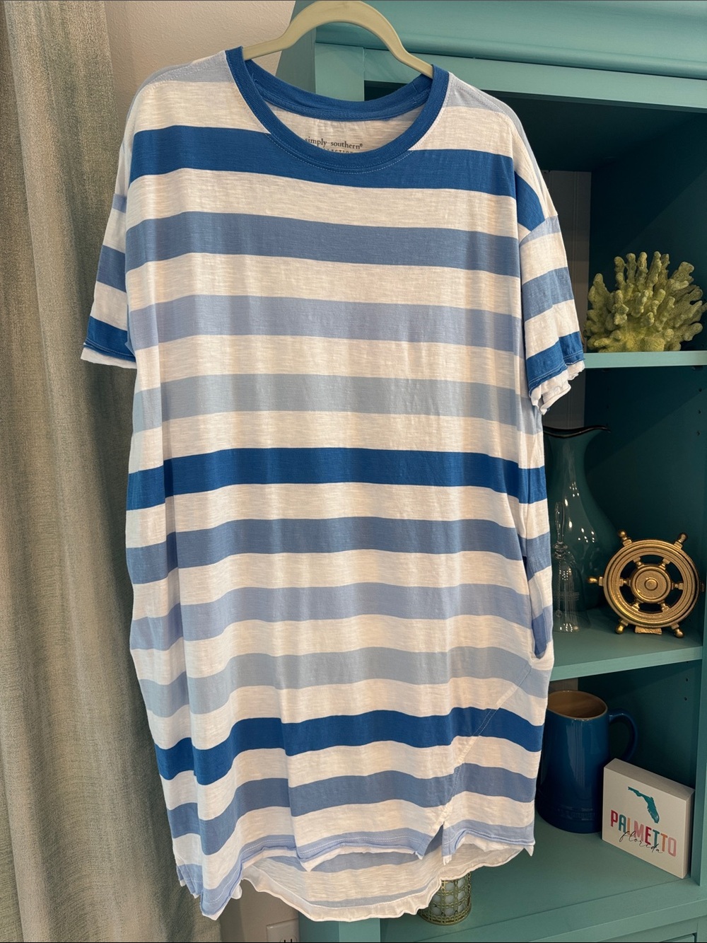 Simply Southern Blue and White Striped Short Sleeve Crew Dress/Coverup EUC M/L